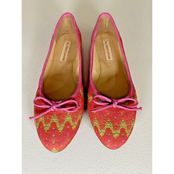 ALI MCGRAW Pink Green‎ Recycled Plastic Ballet Flats Slip On Shoes Bow Size 6.5 - Picture 1 of 8
